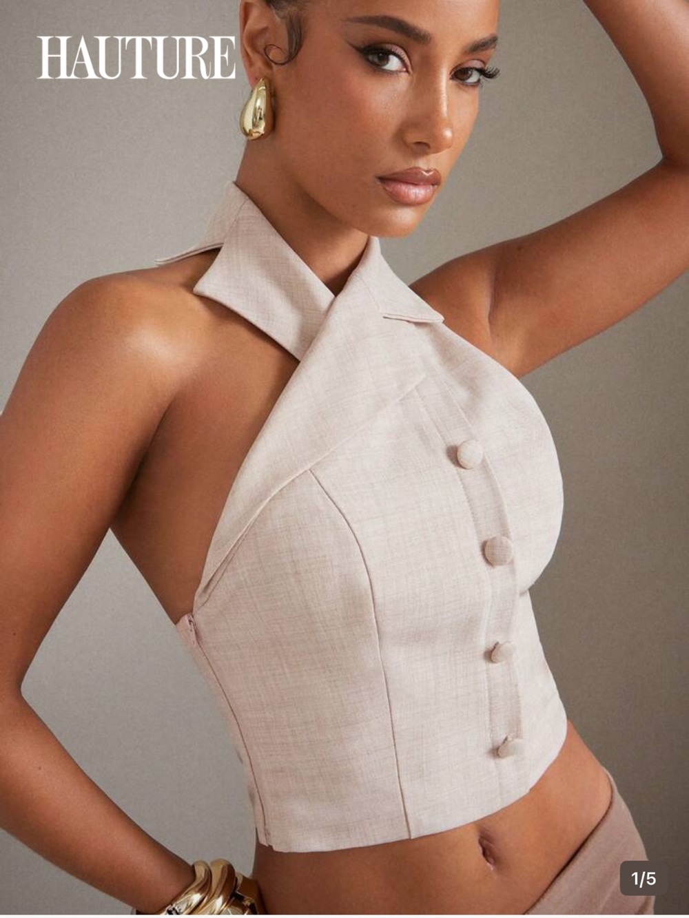 Sleeveless Halter Button-Front Crop Top in Light Beige